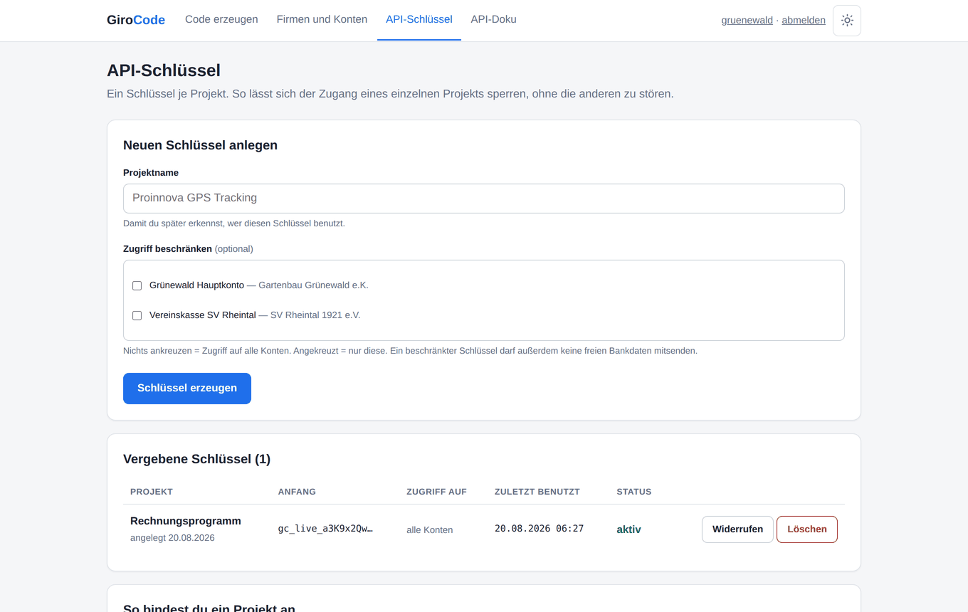 Verwaltung der API-Schlüssel je Projekt (helle Ansicht)