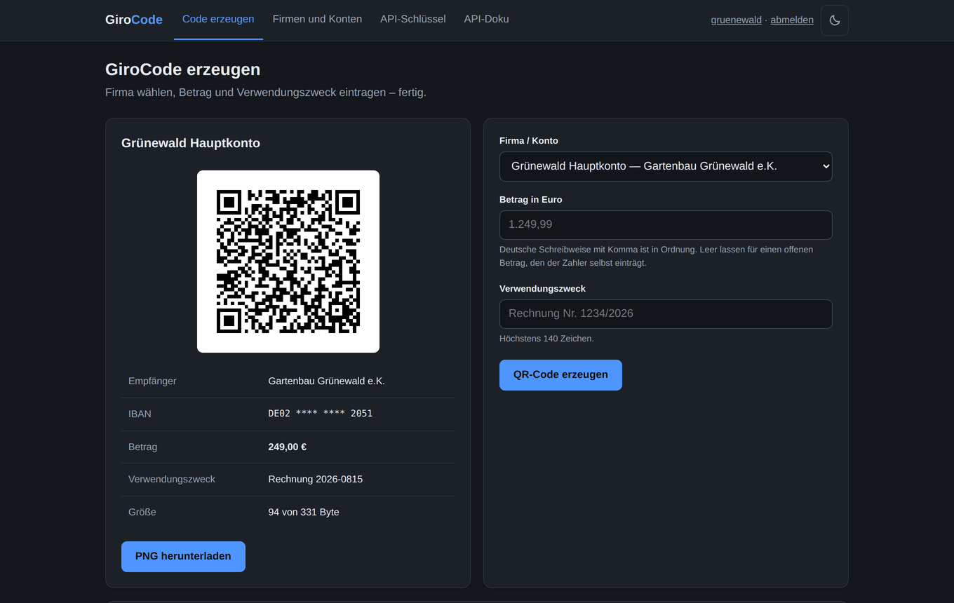 GiroCode erzeugen: Formular mit Firma, Betrag und Verwendungszweck, daneben der fertige QR-Code (dunkle Ansicht)