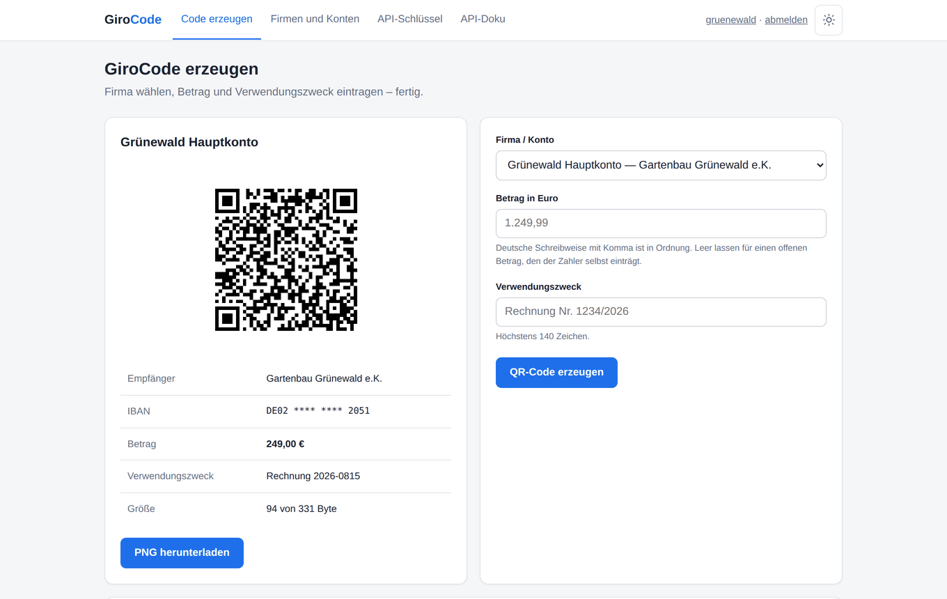 GiroCode erzeugen: Formular mit Firma, Betrag und Verwendungszweck, daneben der fertige QR-Code (helle Ansicht)